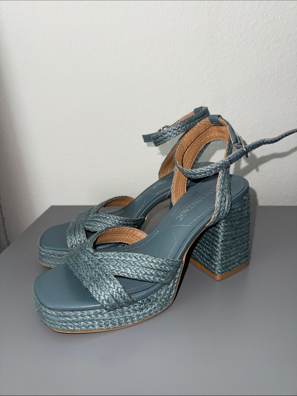 Crown Vintage Braided Platform Sandals in Teal Blue